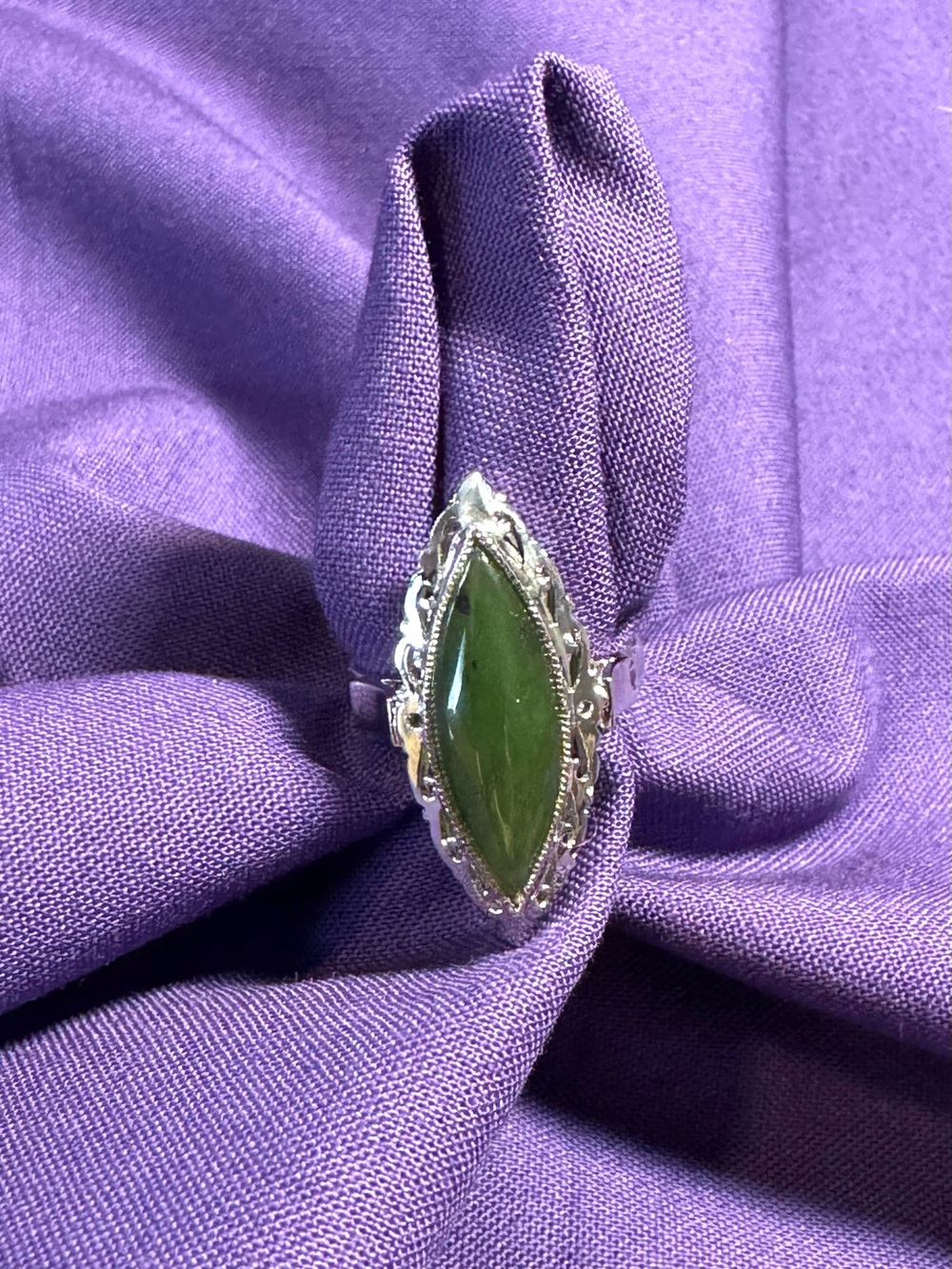 Marquise Shaped Nephrite Jade Sterling Silver Ring. Size 7 3/4